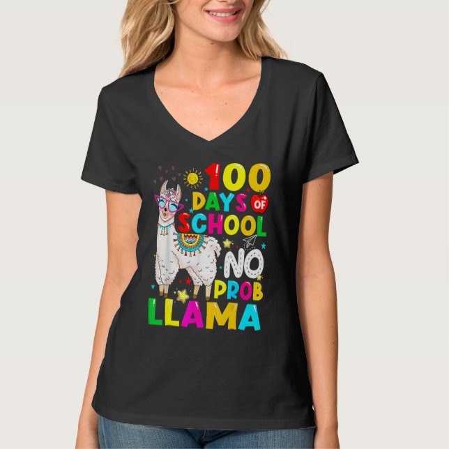 Camiseta 100 Days Of School Shirt No Probllama Llama 100th  (Frente)