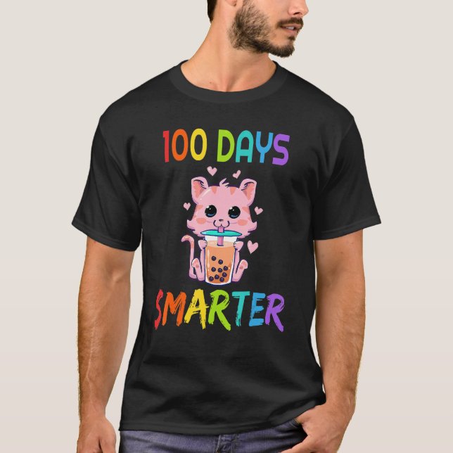 Camiseta 100 Days Smarter 100th Day Of School Cat Boba Tea  (Frente)