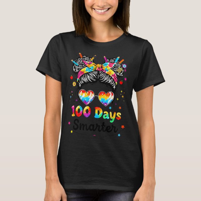 Camiseta 100 Days Smarter Messy Bun 100th Day Of School Gir (Frente)