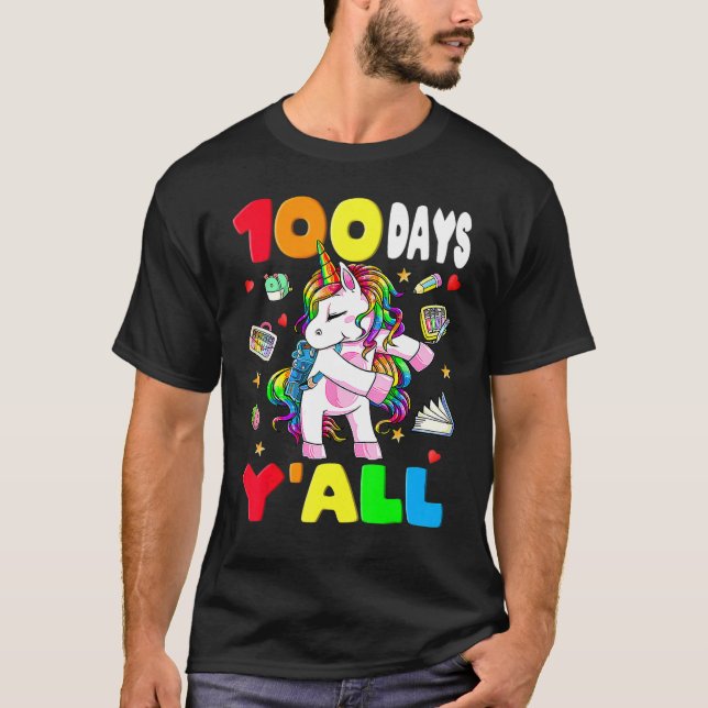 Camiseta 100 Days Y'all Teacher Flossing Unicorn Girls 100t (Frente)