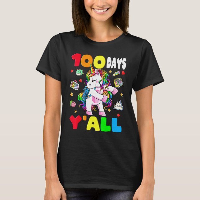 Camiseta 100 Days Y'all Teacher Flossing Unicorn Girls 100t (Frente)
