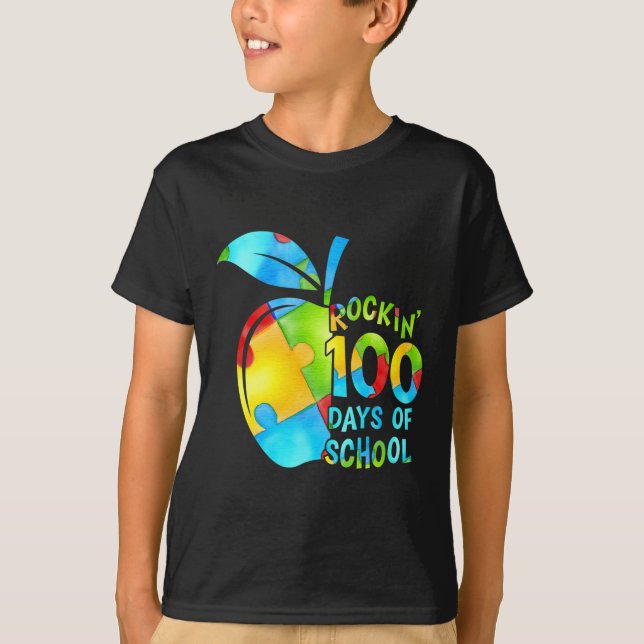Camiseta 100 Dias De Autismo Awa Da Apple Quebra-cabeça Da  (Frente)