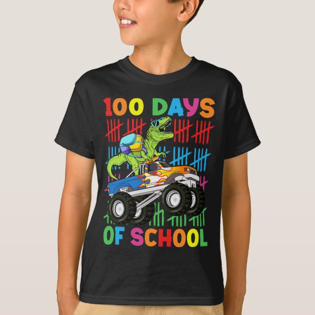 Camiseta 100 Dias De Crianças De Caminhões Monstros De Dino (Frente)