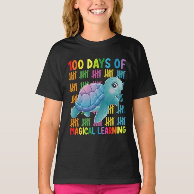 Camiseta 100 Dias De Escola De Tartaruga De Aprendizado Mág (Frente)