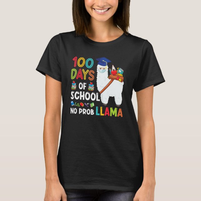 Camiseta 100 Dias De Escola Sem Problemas Llama Feliz 100º  (Frente)