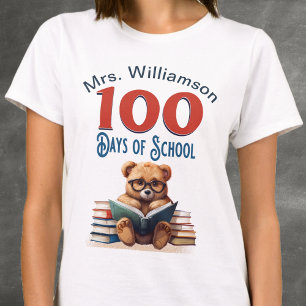 Camiseta 100 Dias de Escola Urso Fofo Lendo Professor