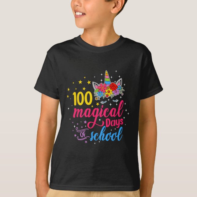 Camiseta 100 Dias Mágicos Crianças Unicórn Figuram 100º Dia (Frente)