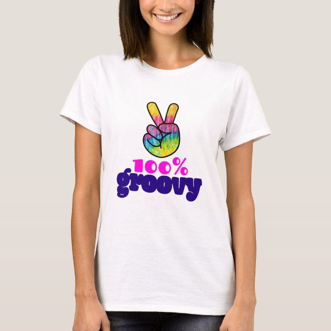 Camiseta 100% Groovy Rainbow com Sinal de Paz Mão (Frente)