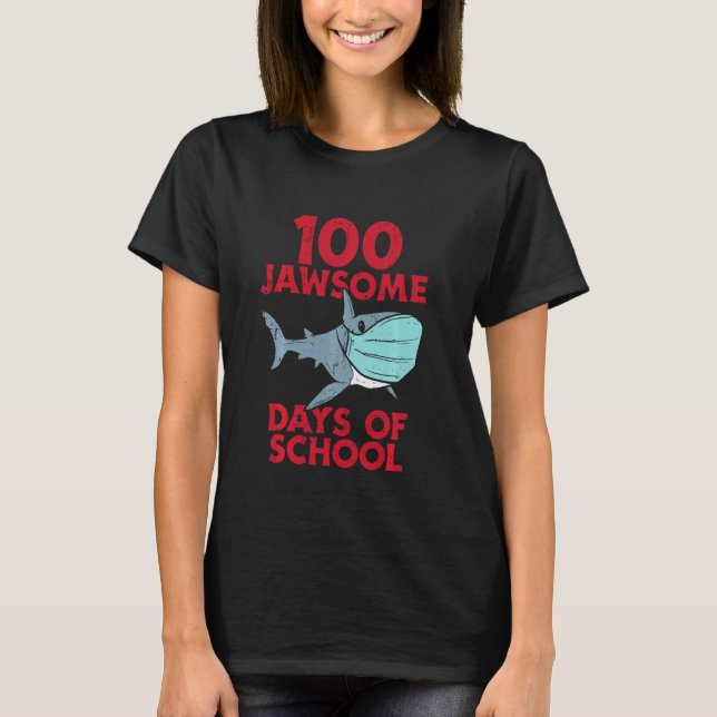 Camiseta 100 Máscara de Tubarão Escolar de 100 Dias de Jaws (Frente)