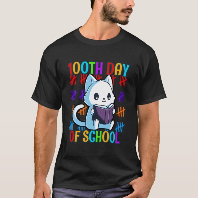 Camiseta 100Th Day Of School Cat Reading (Frente)