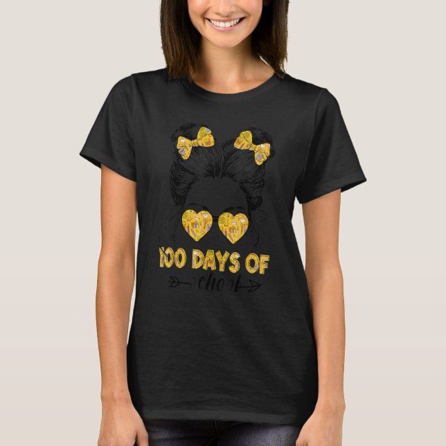 Camiseta 100th Day Of School Girls Messy Bun Hair 100 Days  (Frente)