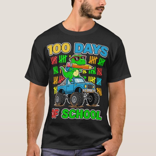 Camiseta 100th Day of School Monster Truck Dinosaur Fun (Frente)