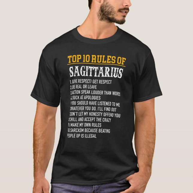 Camiseta 10 principais regras Sagittarius 22 de novembro -  (Frente)