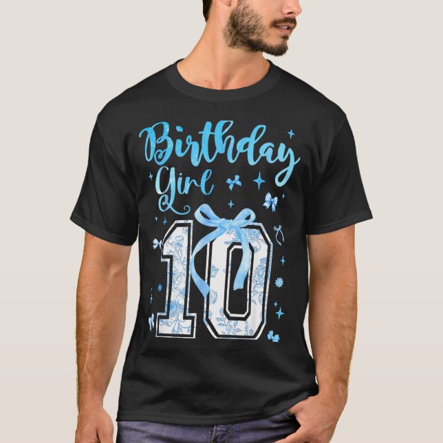Camiseta 10th Birthday Girl Blue Toile Coquette Bow 10 Year (Frente)