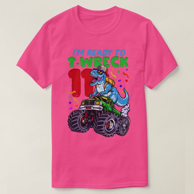 Camiseta 11 Birthday Monster Truck T Rex (Frente do Design)