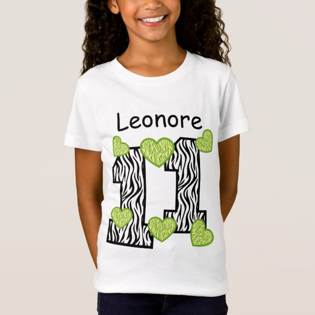 Camiseta 11 Birthday Zebra Green Hearts Nome Personalizado  (Frente)