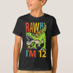 Camiseta 12 Birthday Dinossaur T Rex Rawr Eu tenho 12 anos<br><div class="desc">Um bom design de aniversário com um dinossauro t rex que diz "Rawr I'm 12" para filho,  neto,  fazendo doze anos de idade e qualquer jovem paleontólogo que ama dinossauros.</div>