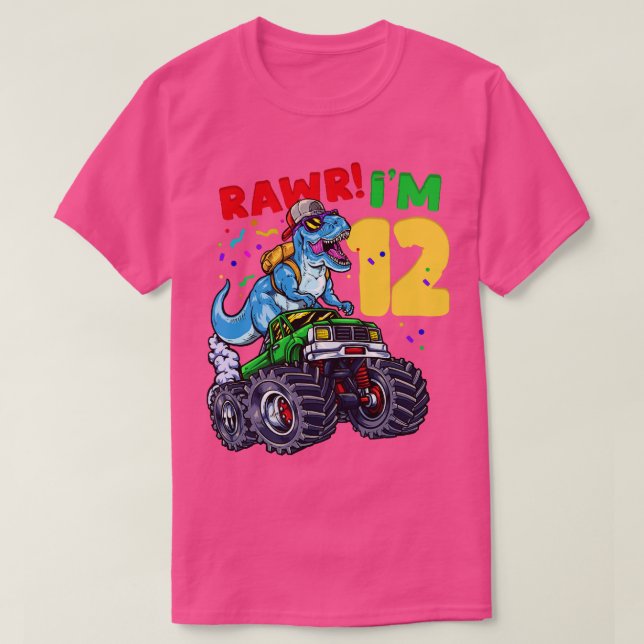 Camiseta 12 Birthday Dinossaur TRex Monster Truck (Frente do Design)