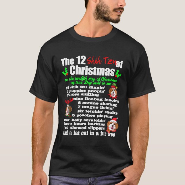 Camiseta 12 Dias De Cachorro Shih Tzu De Natal Gif (Frente)