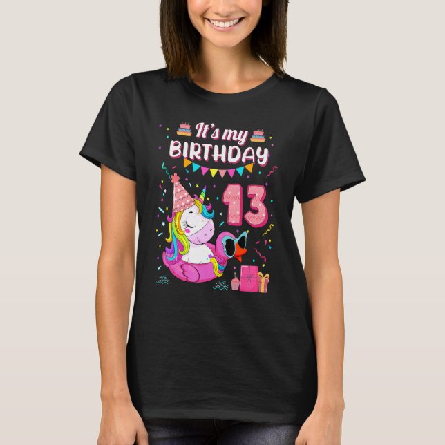 Camiseta 13 Birthday Girl Unicorn Duck Natação Piscina 13 Y (Frente)