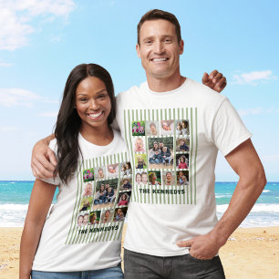 Camiseta 13 Colagem de Fotos Nome da Família Listras Verde 