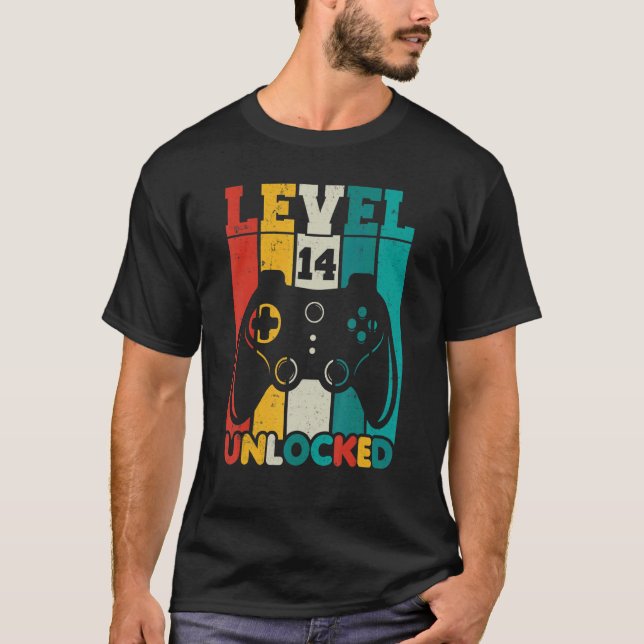 Camiseta 14 Birthday Boy Level 14 Desbloqueado Com 14 Anos  (Frente)
