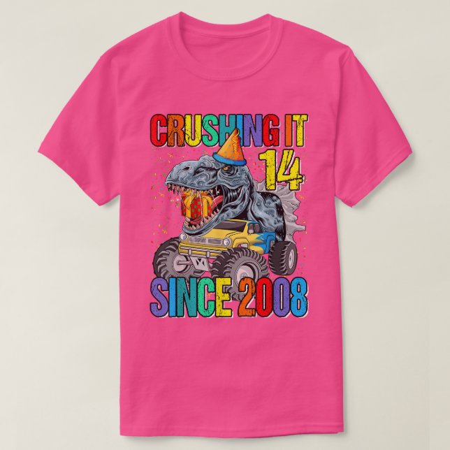 Camiseta 14 Esmagamento Desde 2008 Monster Truck Dinossaur (Frente do Design)