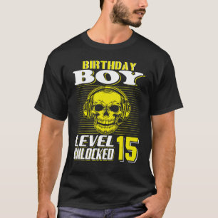Camiseta 15 Birthday Boy Level 15 Desbloqueado Aniversário