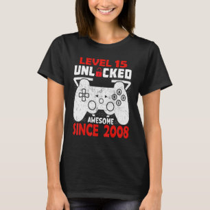 Camiseta 15 Birthday Boy Video Game Nível 15 Desbloqueado A