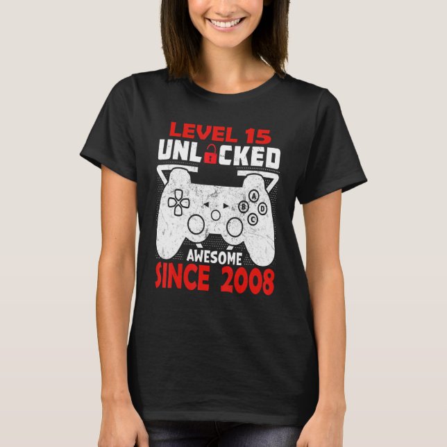 Camiseta 15 Birthday Boy Video Game Nível 15 Desbloqueado A (Frente)
