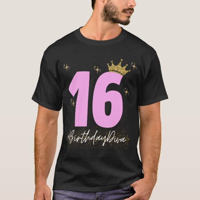 Camiseta 16 BirthdayDiva Sweet 16.ª Coroa Rosa para (Frente)
