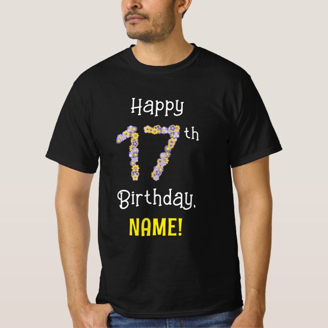 Camiseta 17.o aniversário: Flores Número "17" + Nome (Frente)