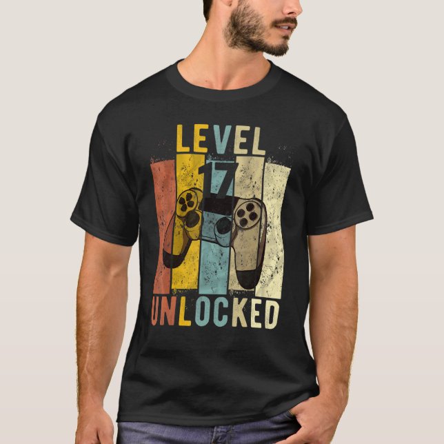 Camiseta 17th Birthday Level 17 Unlocked Video Gamer Gift (Frente)