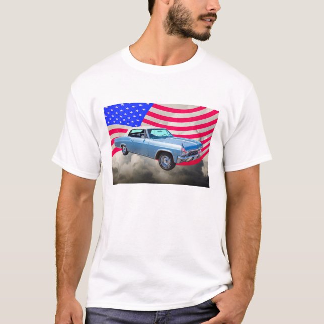 Camiseta 1965 Chevy Impala 327 Com Bandeira Americana (Frente)