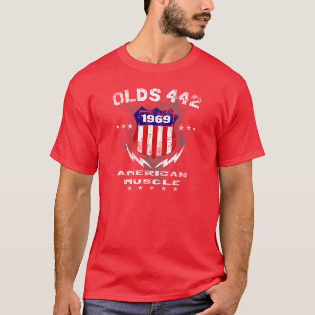 Camiseta 1969 músculo americano v3 dos velhos 442 (Frente)