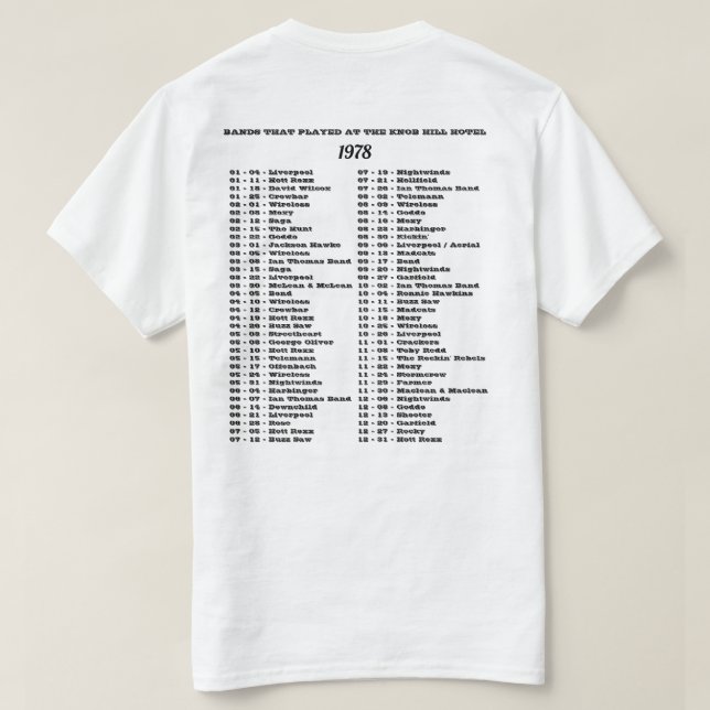 CAMISETA 1978 - BANDAS QUE JOGARAM O HOTEL KNOB HILL (Verso do Design)