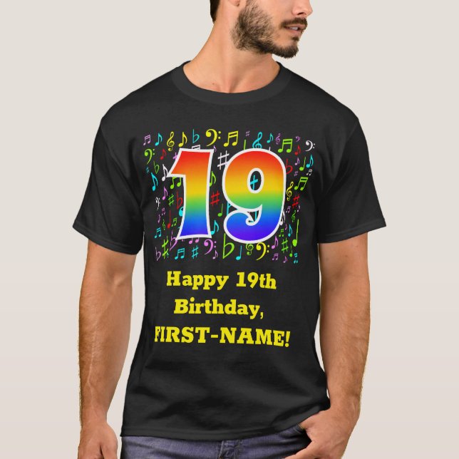 Camiseta 19.º Aniversário: Símbolos Musicais Coloridos, Rai (Frente)