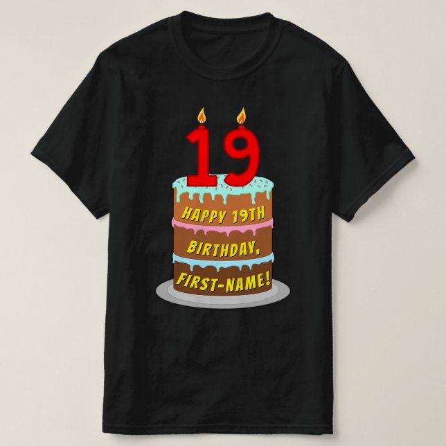 Camiseta 19.o aniversário — Bolo e Velas Divertidas, com no (Frente do Design)