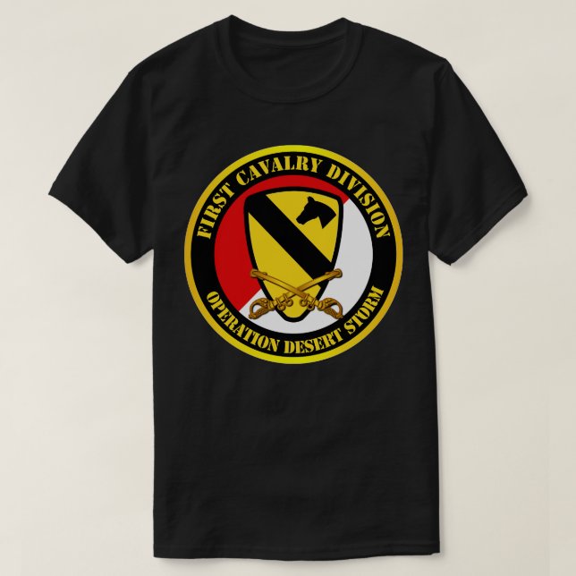 Camiseta 1rua de cavalaria Div Red White Operations Storm (Frente do Design)