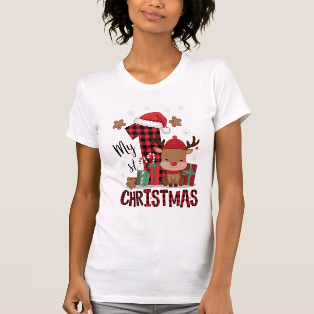 Camiseta 1rua de Natal Santa Hat White Snow Reindeer (Frente)