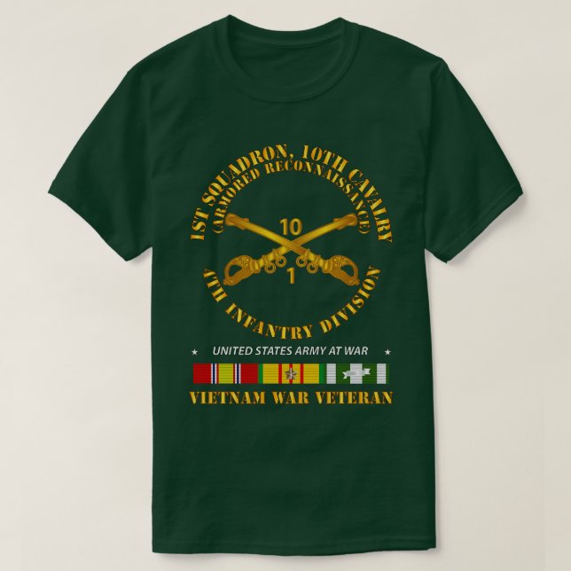Camiseta 1rua Sqdrn 10th Cav Regt Armored Recon w Cav Br VN (Frente do Design)