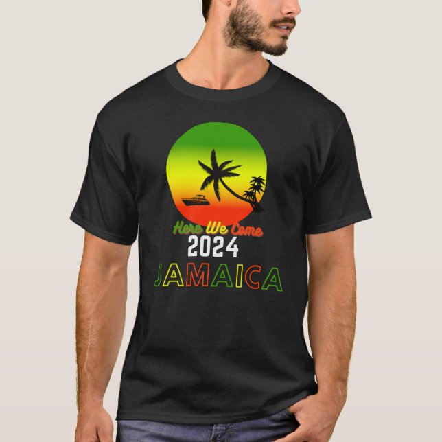 Camiseta 2024 Here We come Jamaica apresenta imagens em Jam (Frente)