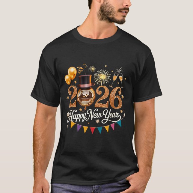Camiseta 2026 New Year Celebration Disco Ball Gold Festivit (Frente)
