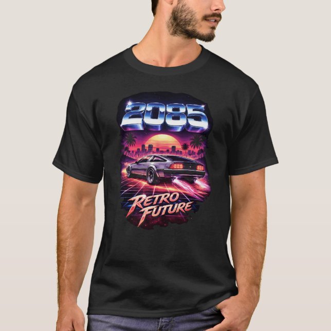 Camiseta 2085 – Retro Futuro Neon Synthwave Design de Super (Frente)
