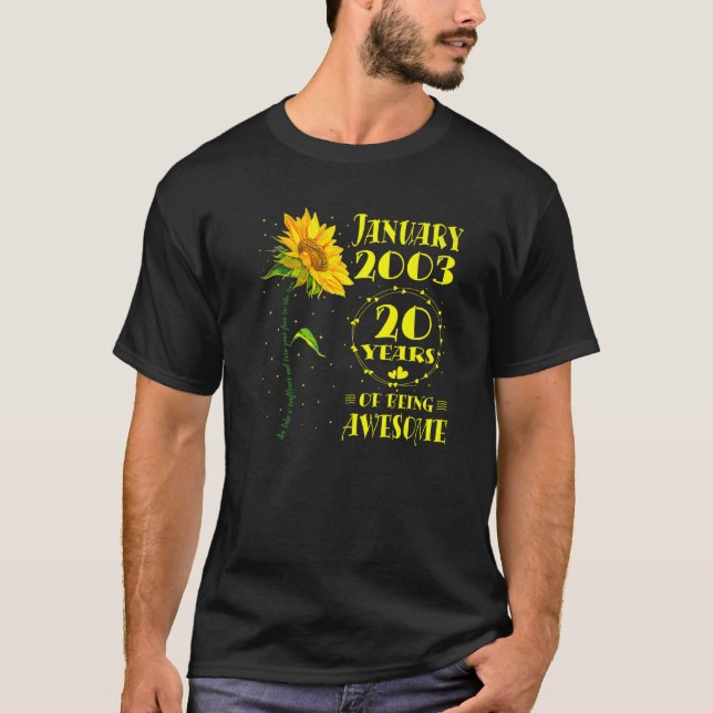 Camiseta 20 Aniversário 20 anos Nascer de girassol Janeiro (Frente)