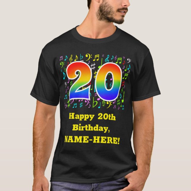 Camiseta 20 Aniversário: Símbolos Musicais Coloridos, Rainb (Frente)