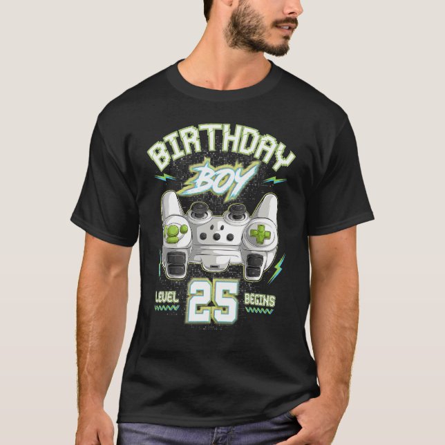 Camiseta 25 Birthday Boy Gamer Nível 25 inicia videogame (Frente)