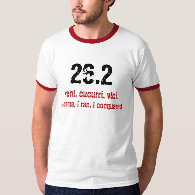 Camiseta 26,2, veni, cucurri, vici., eu vim, mim funcionei, (Frente)