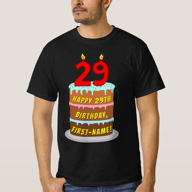Camiseta 29.o aniversário — Bolo e Velas Divertidas, com no (Frente)