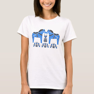 Camiseta 2 Cavalos Dala Folk, Cavalo Folk Azul/Branco